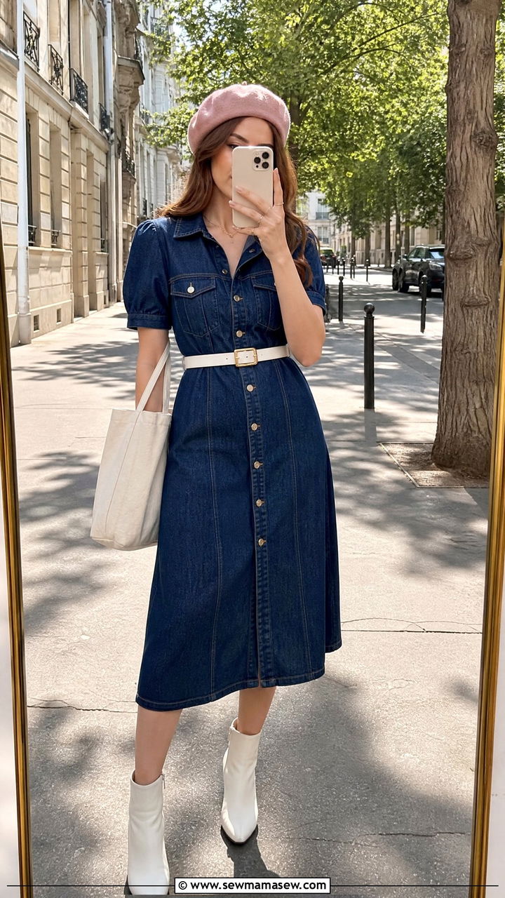 Blush beret with a denim midi dress - 35 Beret outfit ideas
