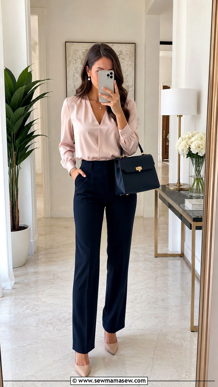 Blush blouse with navy trousers and heels - 30 Spring outfit ideas for realtor