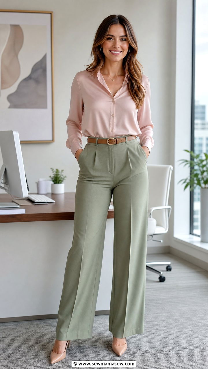 Blush blouse with sage trousers for work - 25 Sage and blush outfit ideas