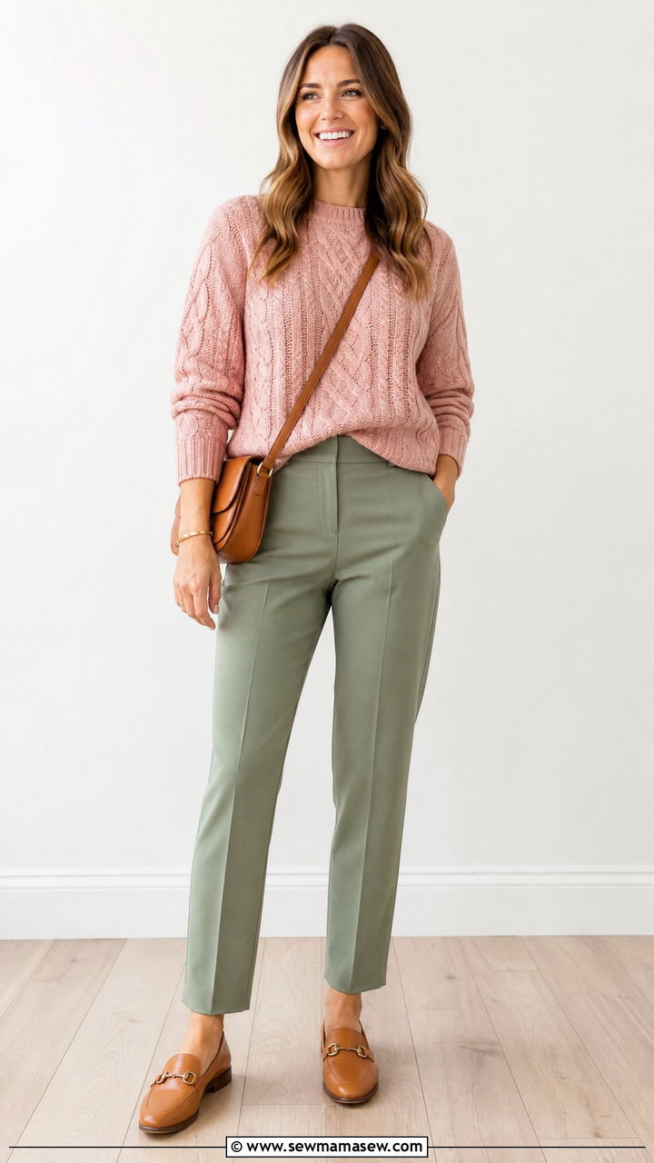 Blush cable knit sweater with sage trousers - 25 Sage and blush outfit ideas