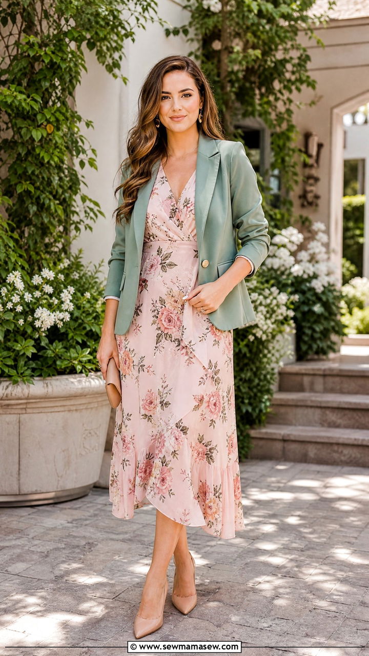 Blush floral dress with sage blazer and nude heels - 25 Sage and blush outfit ideas