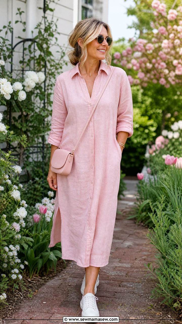 Blush linen button down dress with white leather sneakers - 30 Elevated casual outfit ideas for women over 40