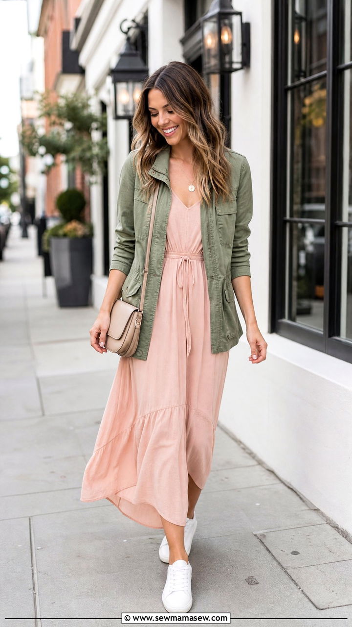 Blush midi dress with sage utility jacket - 25 Sage and blush outfit ideas