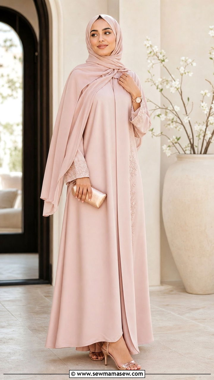 Blush pink abaya with rose gold jewelry - 25 Eid outfit ideas with abaya
