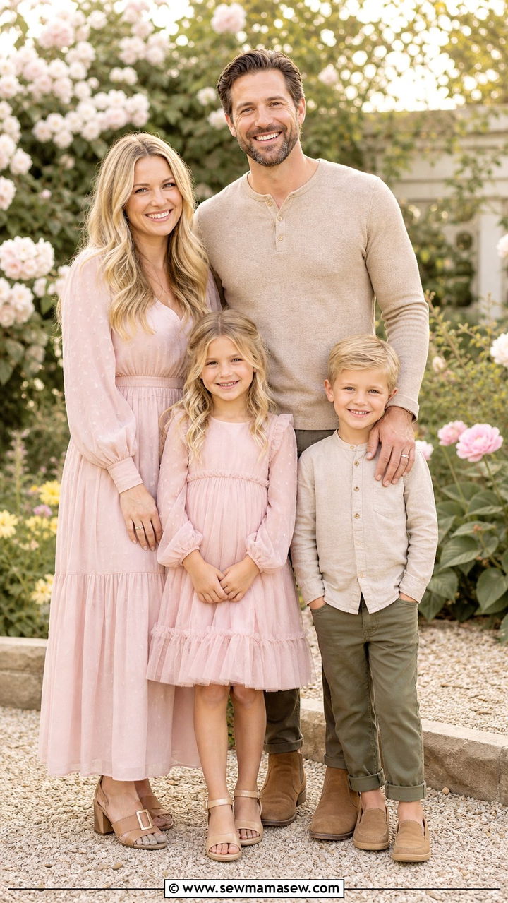 Blush pink and tan family photo outfits - 40 Family photo outfit ideas