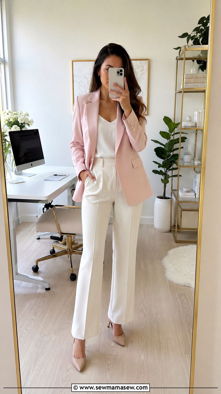 Blush pink blazer with cream trousers and nude pumps - 25 Recruiter outfit ideas