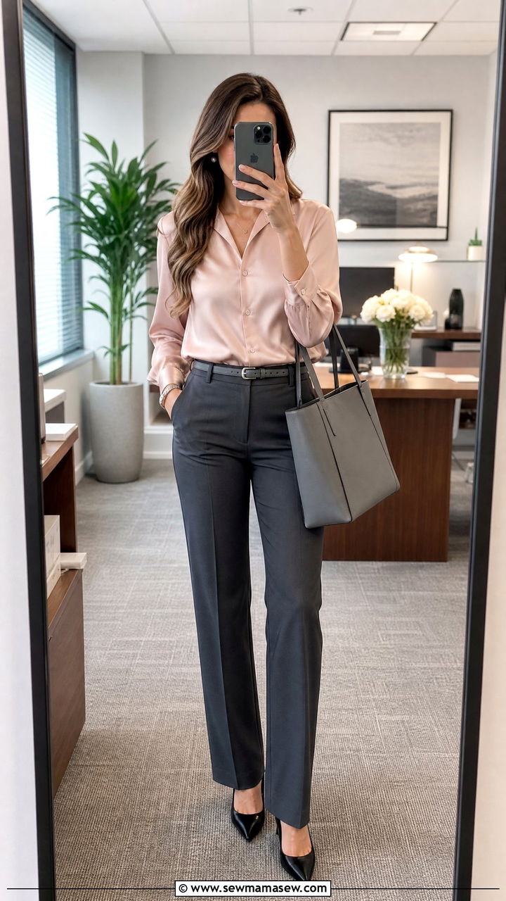 Blush pink blouse with charcoal grey trousers outfit - 25 Female lawyer outfit ideas