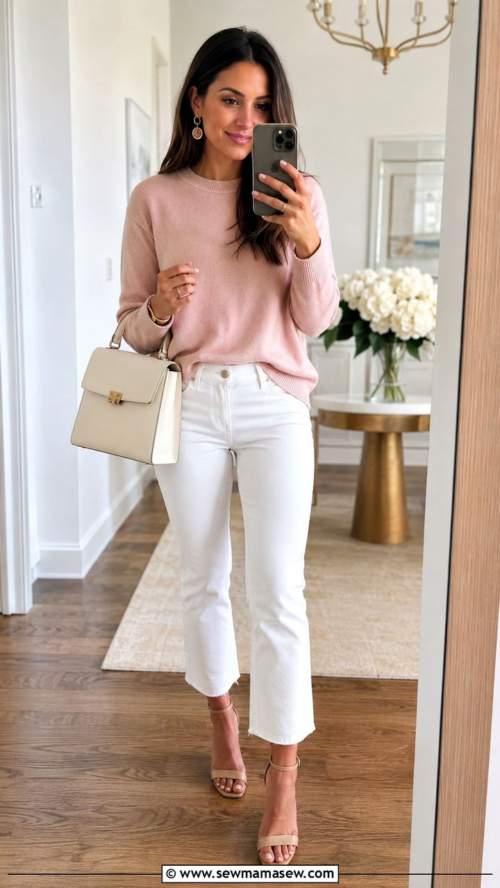 Blush pink crewneck sweater with white cropped jeans - 30 Spring outfits with light sweaters