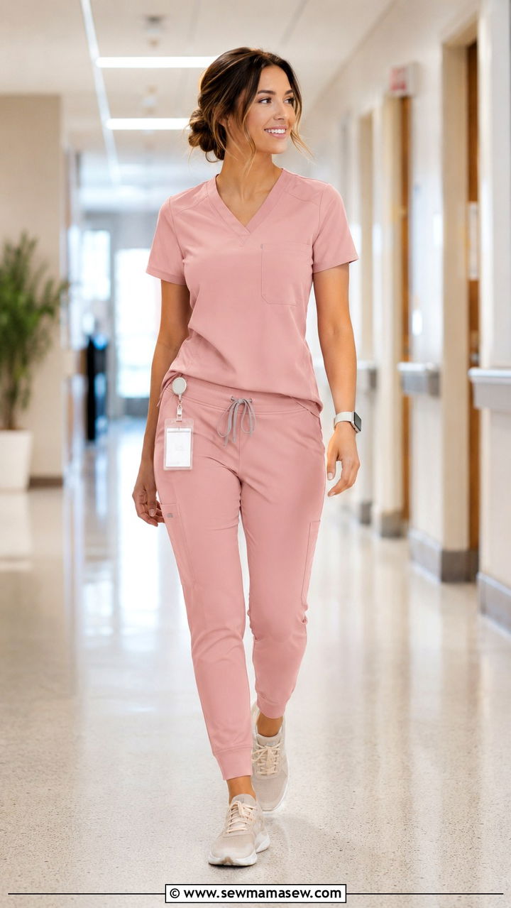 Blush pink jogger scrub outfit - 30 Spring nurse outfits