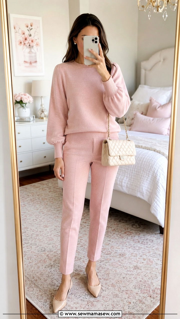 Blush pink knit sweater and tapered pants set - 30 Sweater and pants matching set outfit ideas