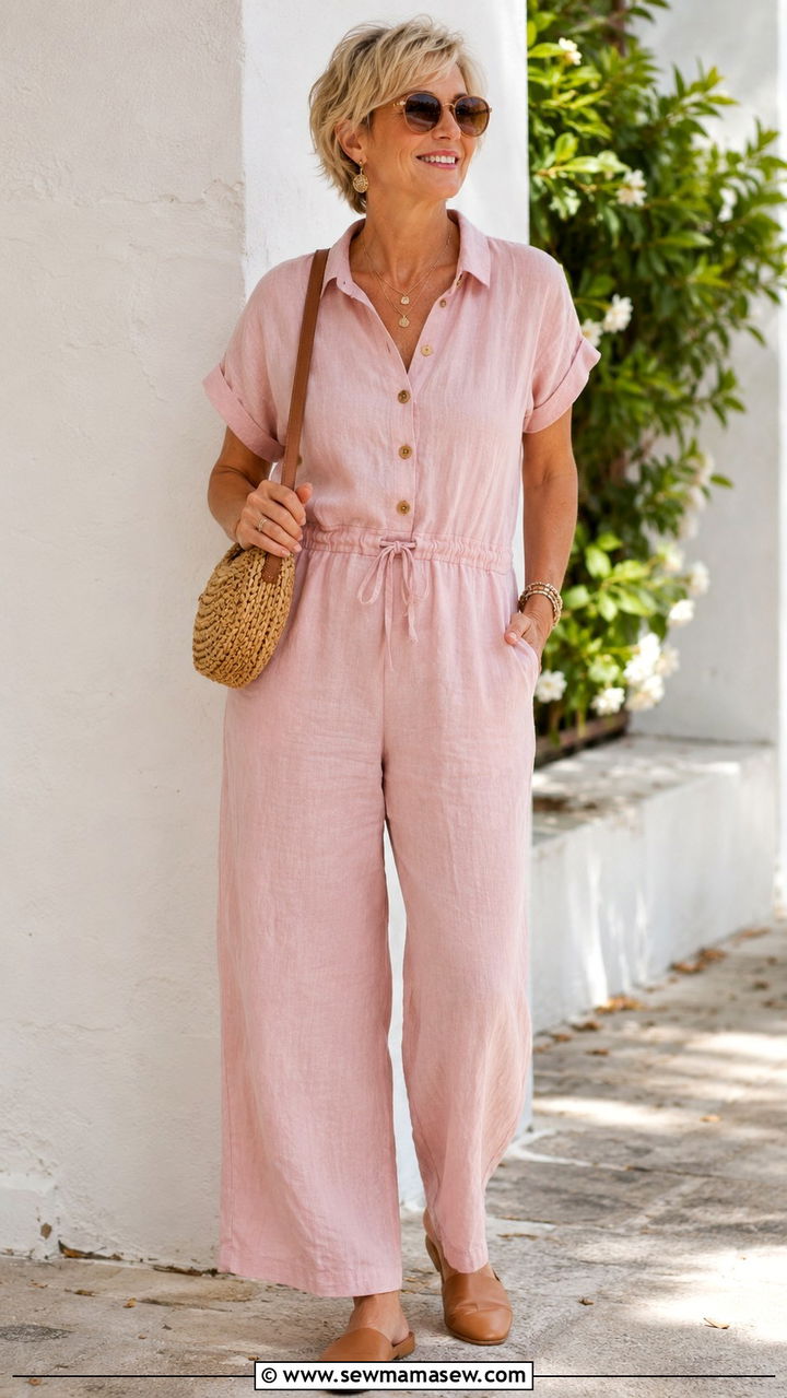 Blush pink linen jumpsuit with slip on flats - 30 Jumpsuit outfit ideas for women over 50