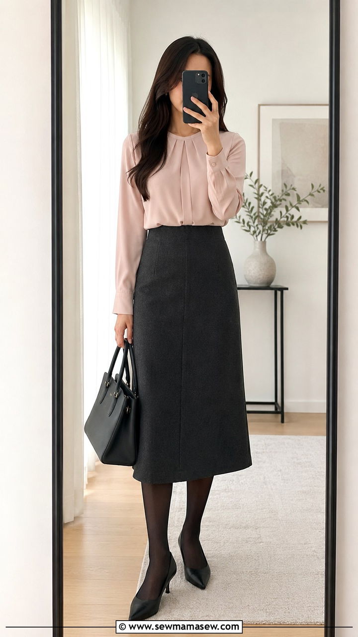 Blush pink long sleeve blouse with charcoal midi skirt - 30 modest job interview outfit ideas
