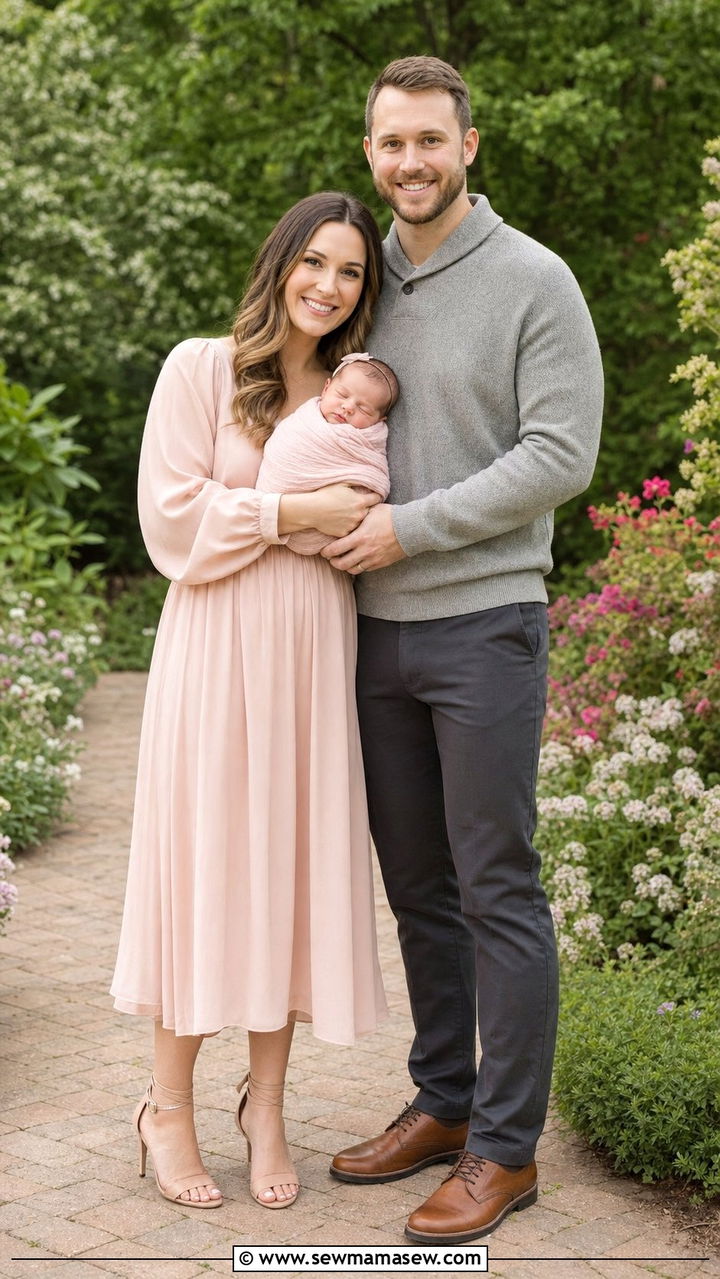 Blush pink midi dress for mom gray sweater for dad newborn - 25 Family photo outfit ideas with newborn