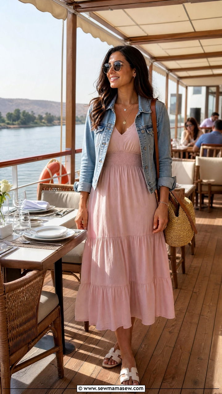 Blush pink midi sundress with a cropped denim jacket - 30 Nile cruise outfit ideas