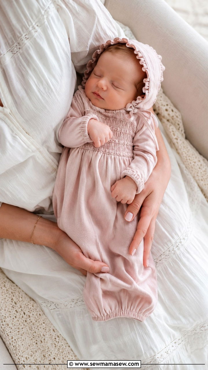Blush pink smocked gown and bonnet set - 20 Newborn lifestyle photo outfit ideas