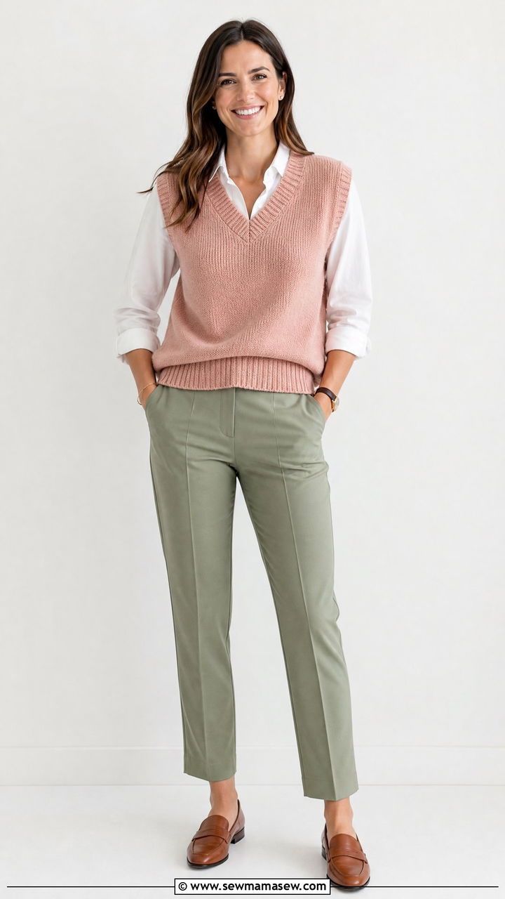 Blush sweater vest with sage trousers and loafers - 25 Sage and blush outfit ideas