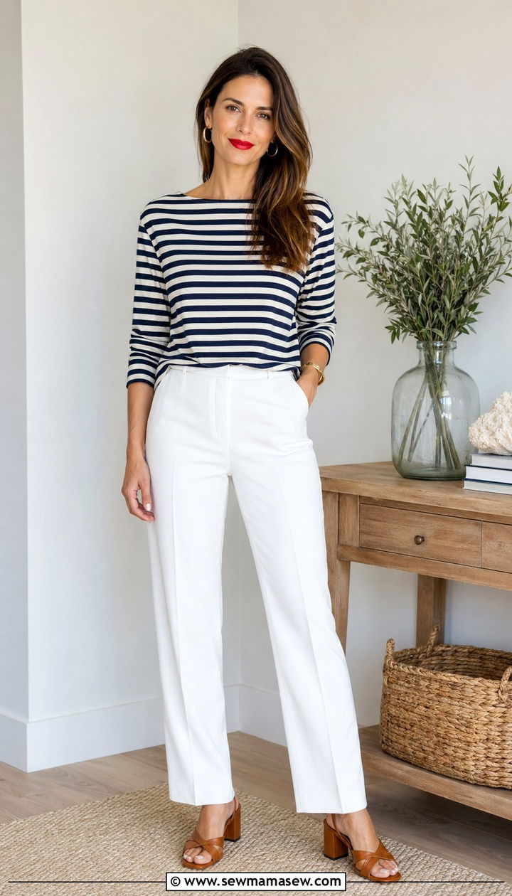 Boat Neck Striped Top And White Trousers Outfit - 30 Zoom interview outfit ideas