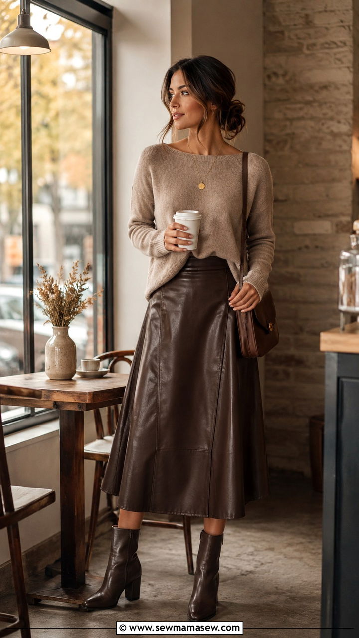 Boat Neck Sweater With A Line Leather Skirt - 25 Outfit ideas for athletic body feminine