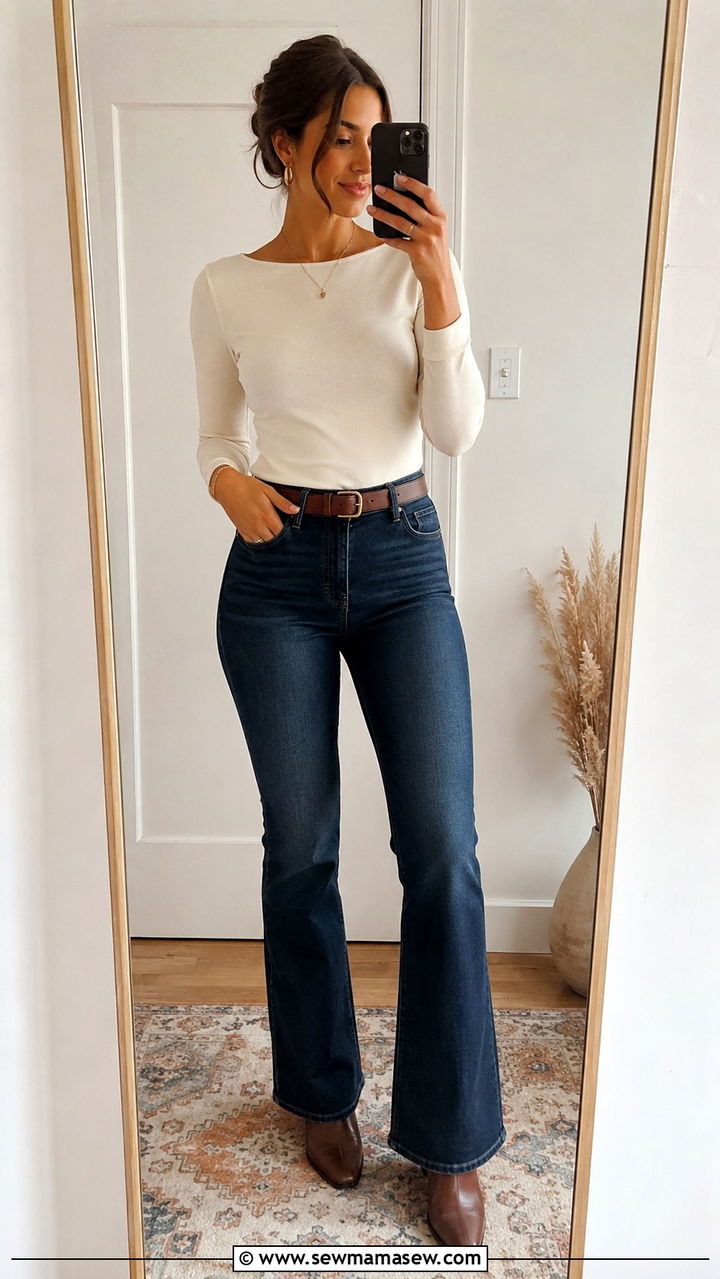 Boat Neck Top With Bootcut Jeans - 30 classy outfits for pear shaped body