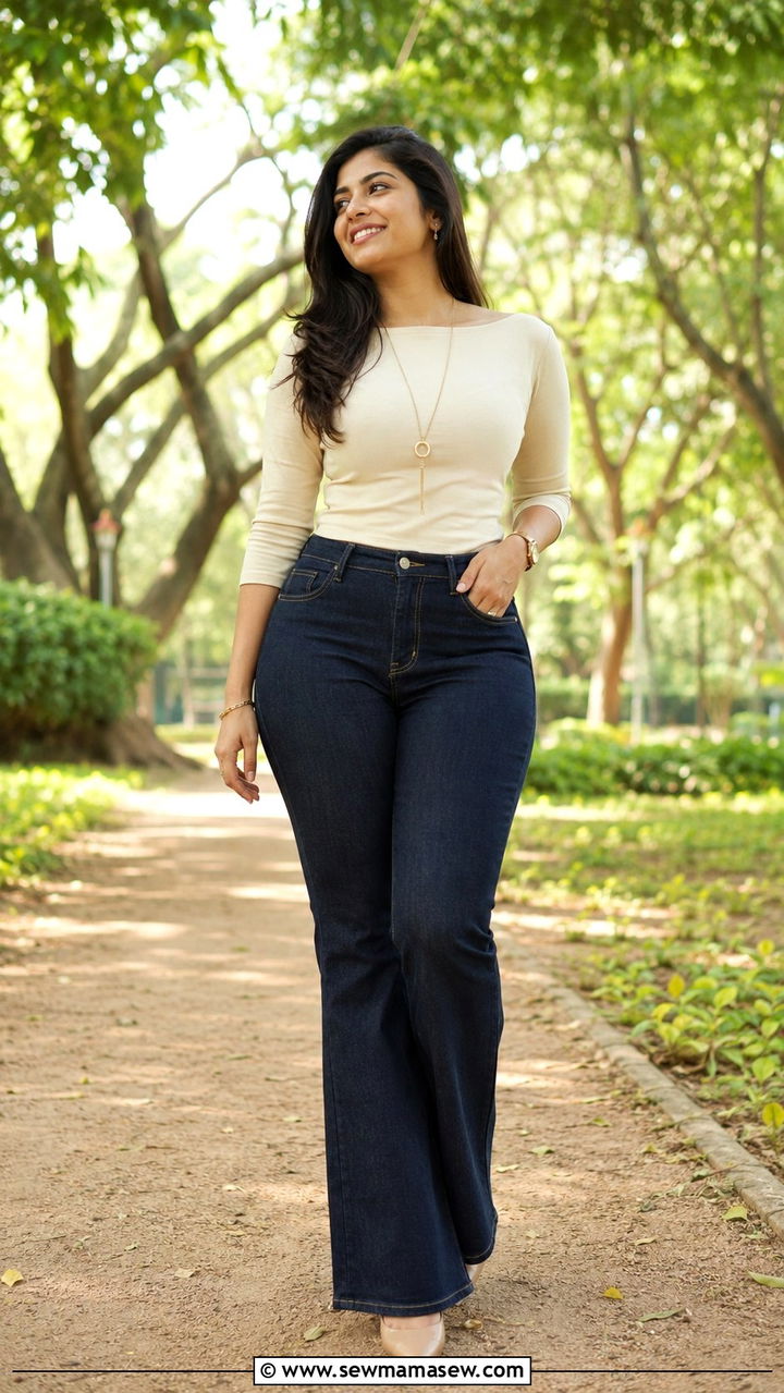 Boat Neck Top With Bootcut Jeans Photoshoot - 25 Photoshoot outfits for pear shape