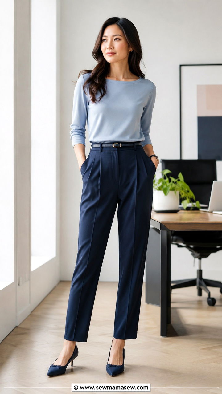 Boat Neck Top and Pleated Trousers - 25 Work outfits for pear shape