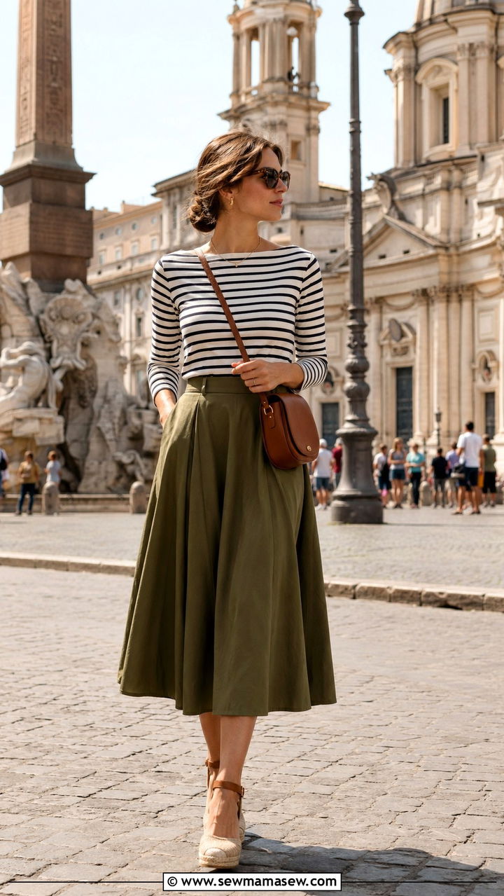 Boat Neck Top with A Line Midi Skirt - 25 Vacation outfits for pear shape