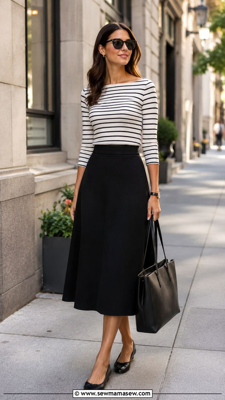 Boat Neck Top with A Line Midi Skirt and Ballet Flats - 25 work outfits for pear shaped body