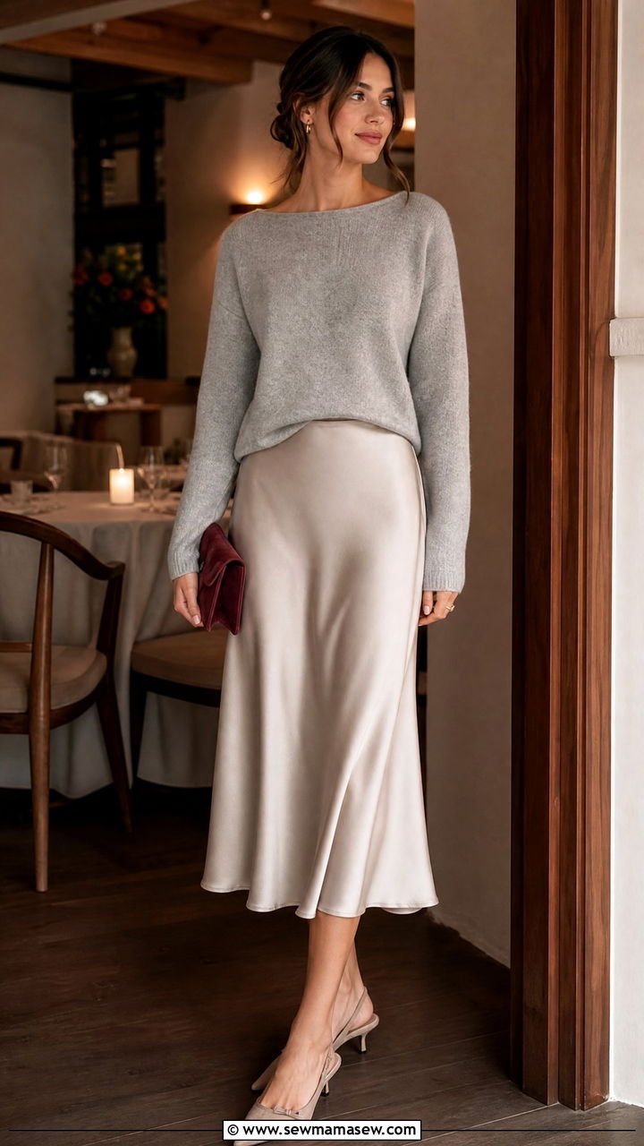 Boat neck sweater and satin midi skirt - 25 Flattering outfits for small bust