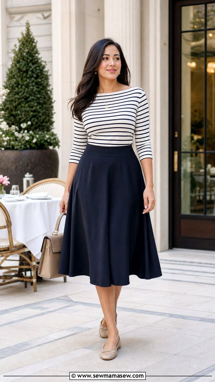 Boat neck top with A line midi skirt brunch outfit - 35 Brunch outfits for pear shape