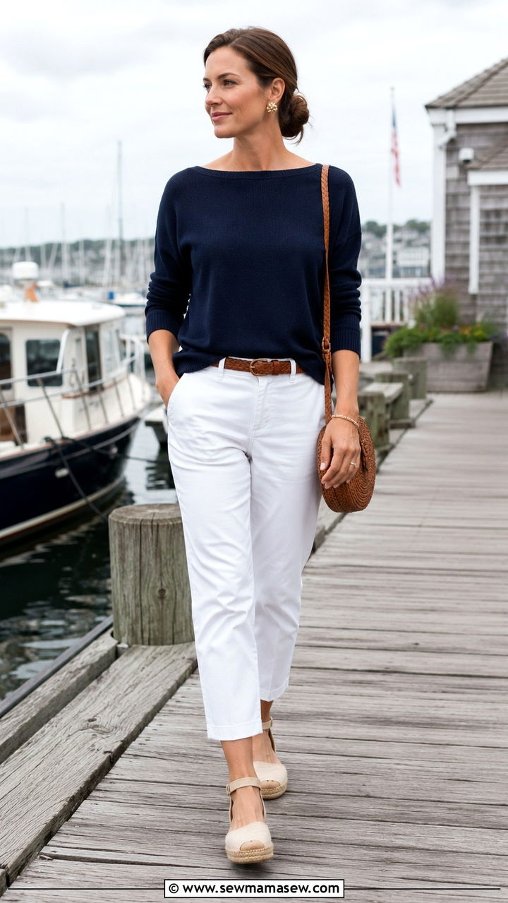Boatneck Cotton Sweater With Cropped Chinos And Espadrilles - 30 Old money outfit ideas for Nantucket