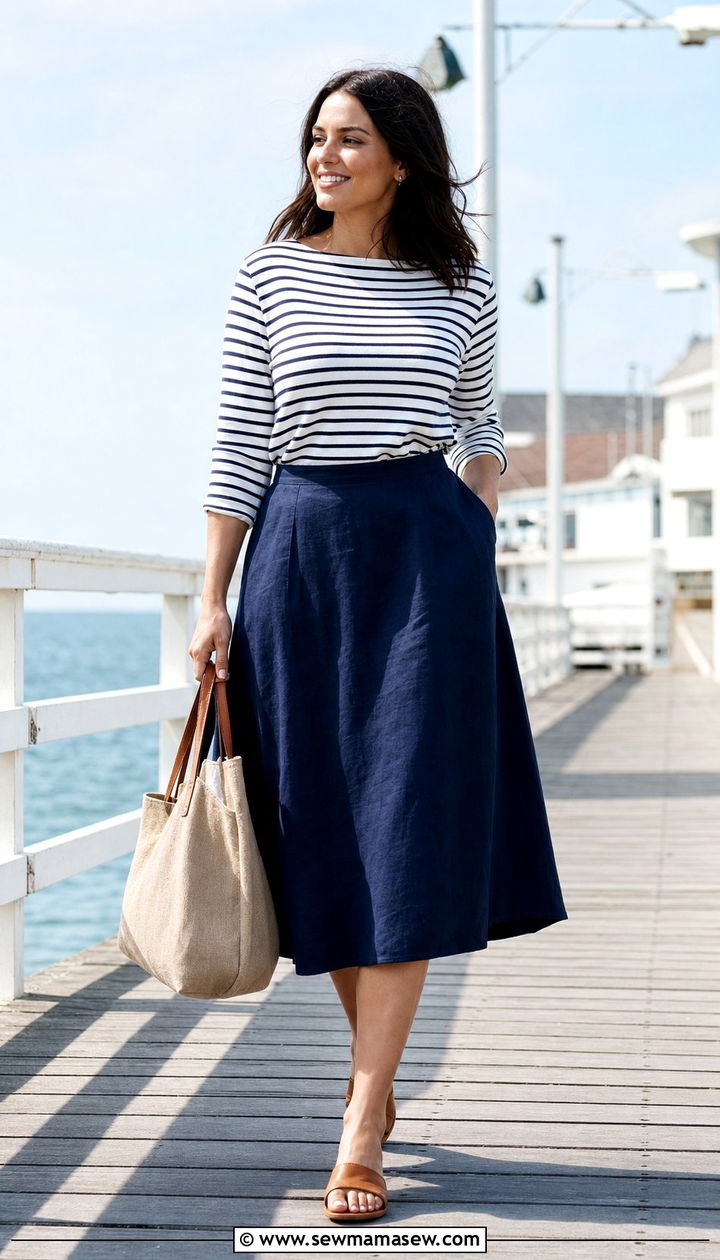 Boatneck Striped Tee and Midi A Line Skirt Outfit for Pear Shape - 25 Summer outfits for pear shape