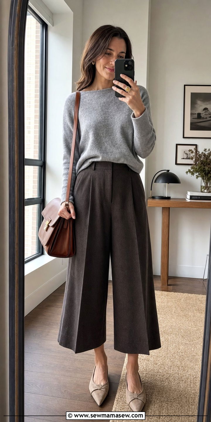 Boatneck Sweater and Wool Culottes Outfit - 25 Stealth wealth outfit ideas for women over 40