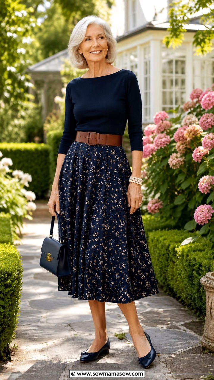 Boatneck Top With A Flared Midi Skirt - 30 Tall outfits for women over 60