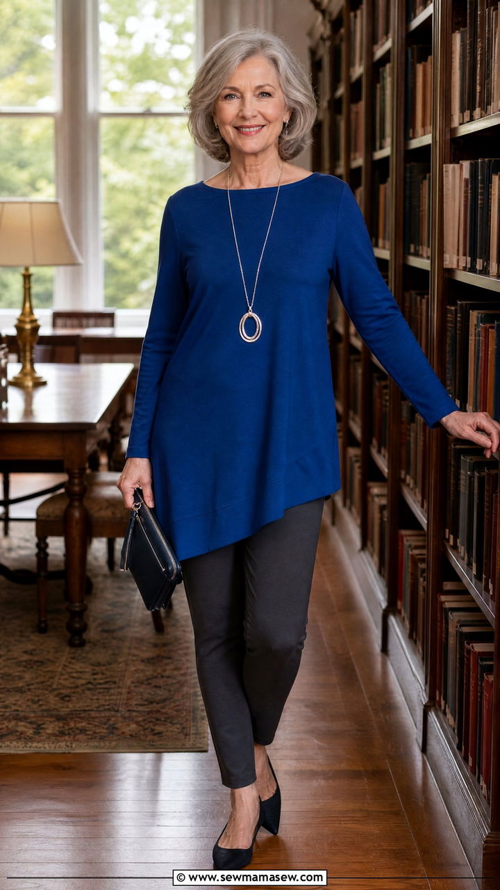 Boatneck Tunic Slim Ponte Pants - 30 Outfit ideas for women over 50 errands