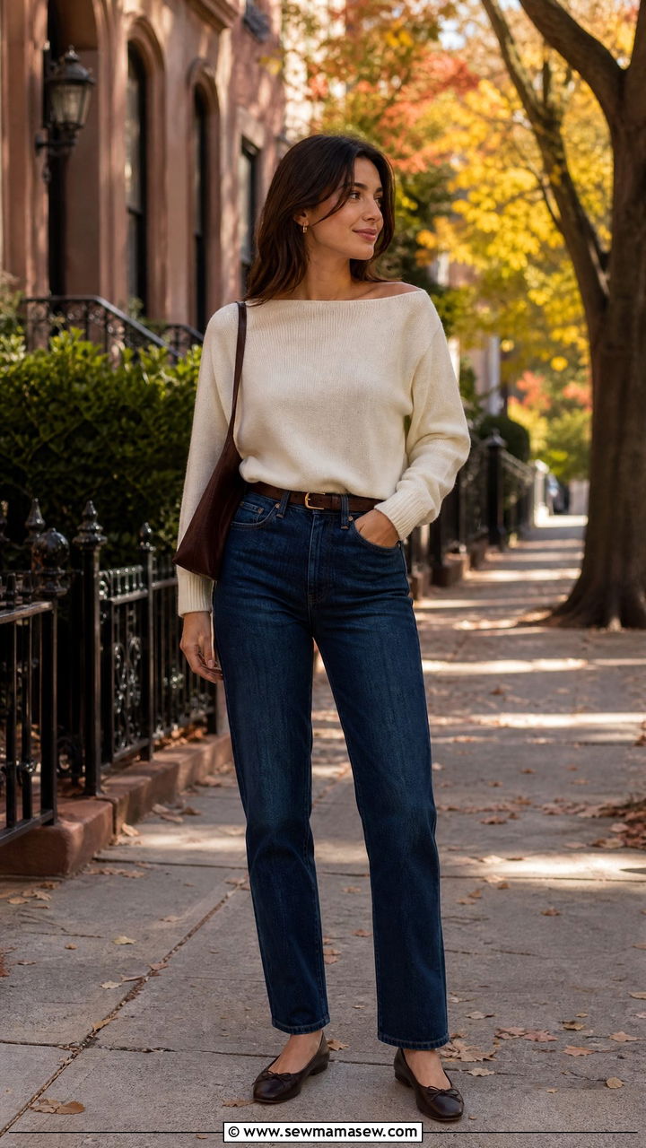 Boatneck sweater and straight jeans Bardot - 25 Brigitte Bardot outfit ideas
