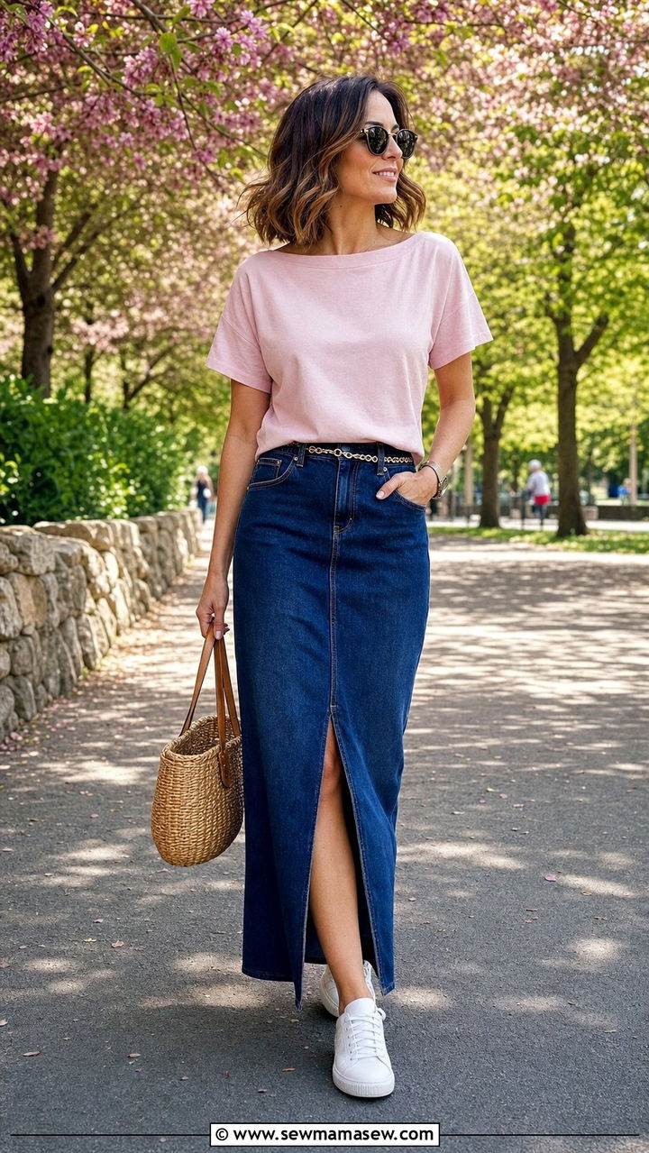 Boatneck top and denim maxi skirt - 25 spring boatneck top outfit ideas