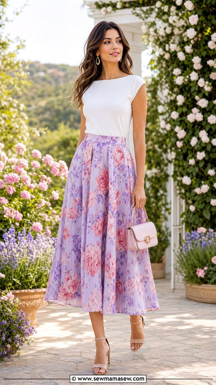 Boatneck top and floral midi skirt - 25 spring boatneck top outfit ideas