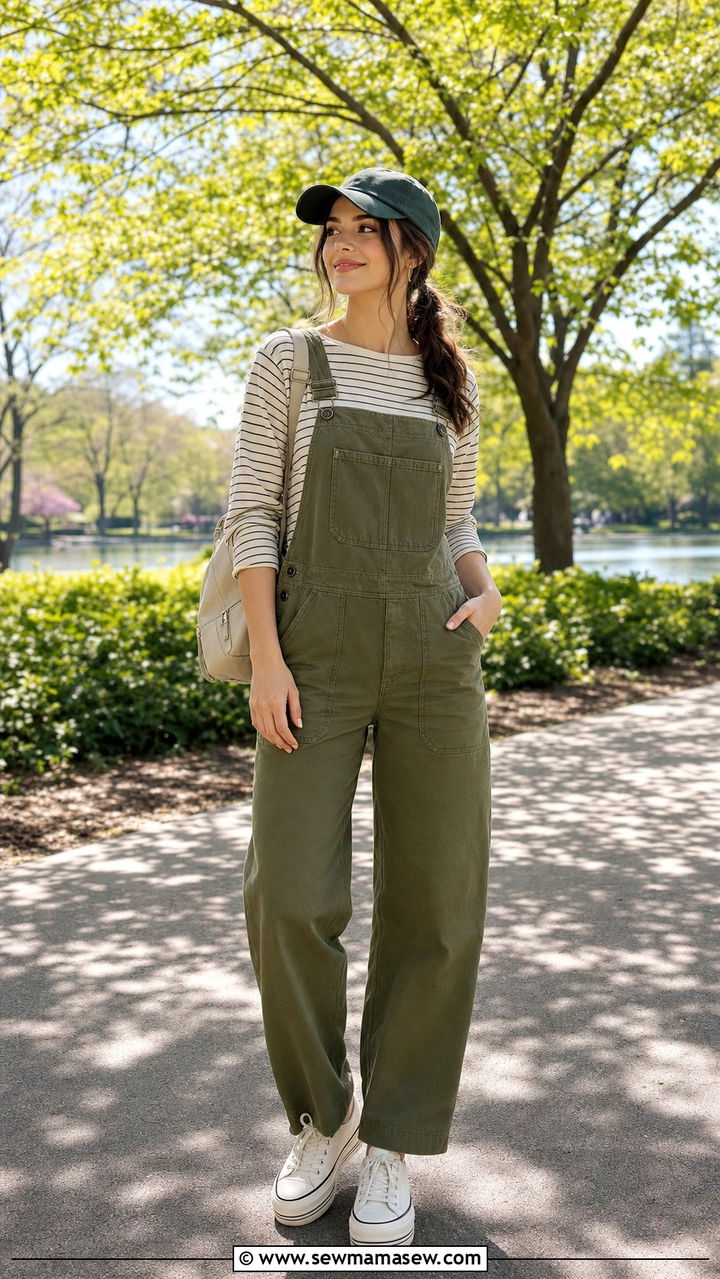 Boatneck top and utility overalls - 25 spring boatneck top outfit ideas