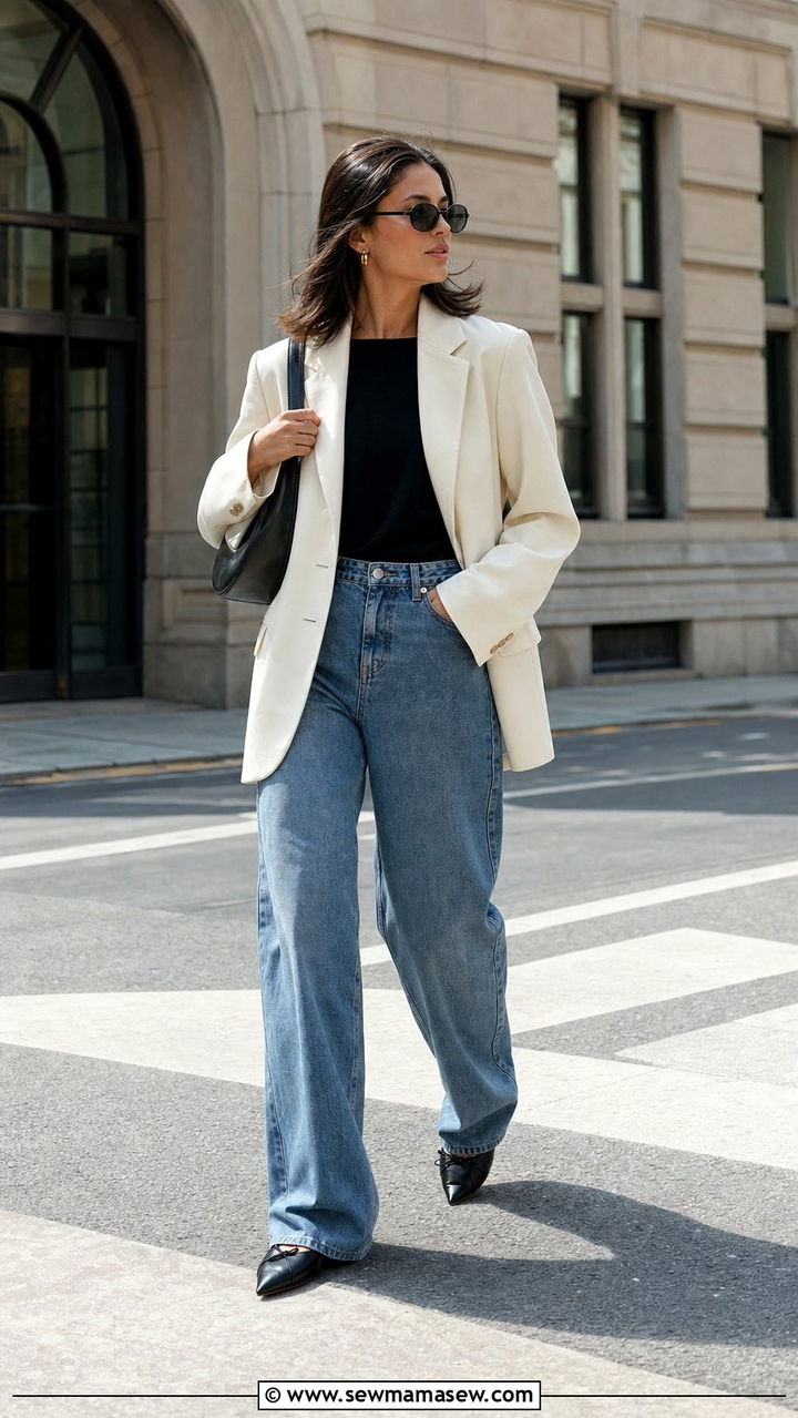 Boatneck top with blazer and wide leg jeans - 25 spring boatneck top outfit ideas
