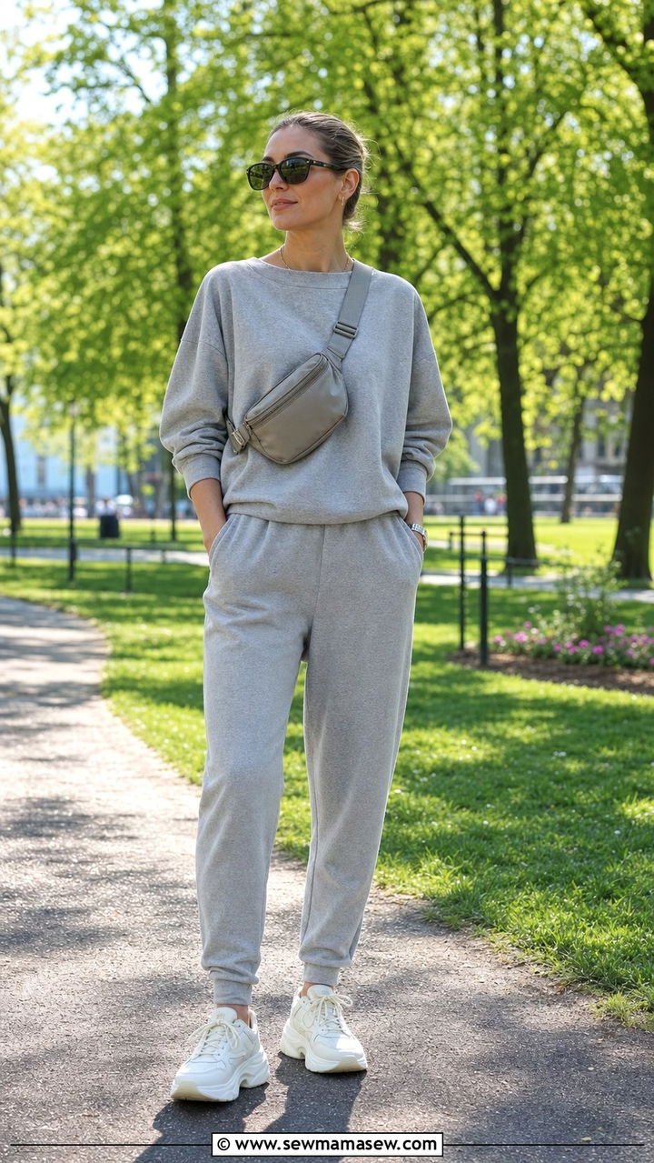 Boatneck top with track pants and sneakers - 25 spring boatneck top outfit ideas