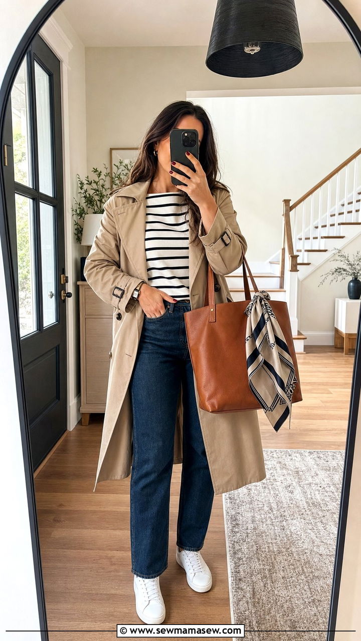 Boatneck top with trench coat and straight leg jeans - 25 spring boatneck top outfit ideas