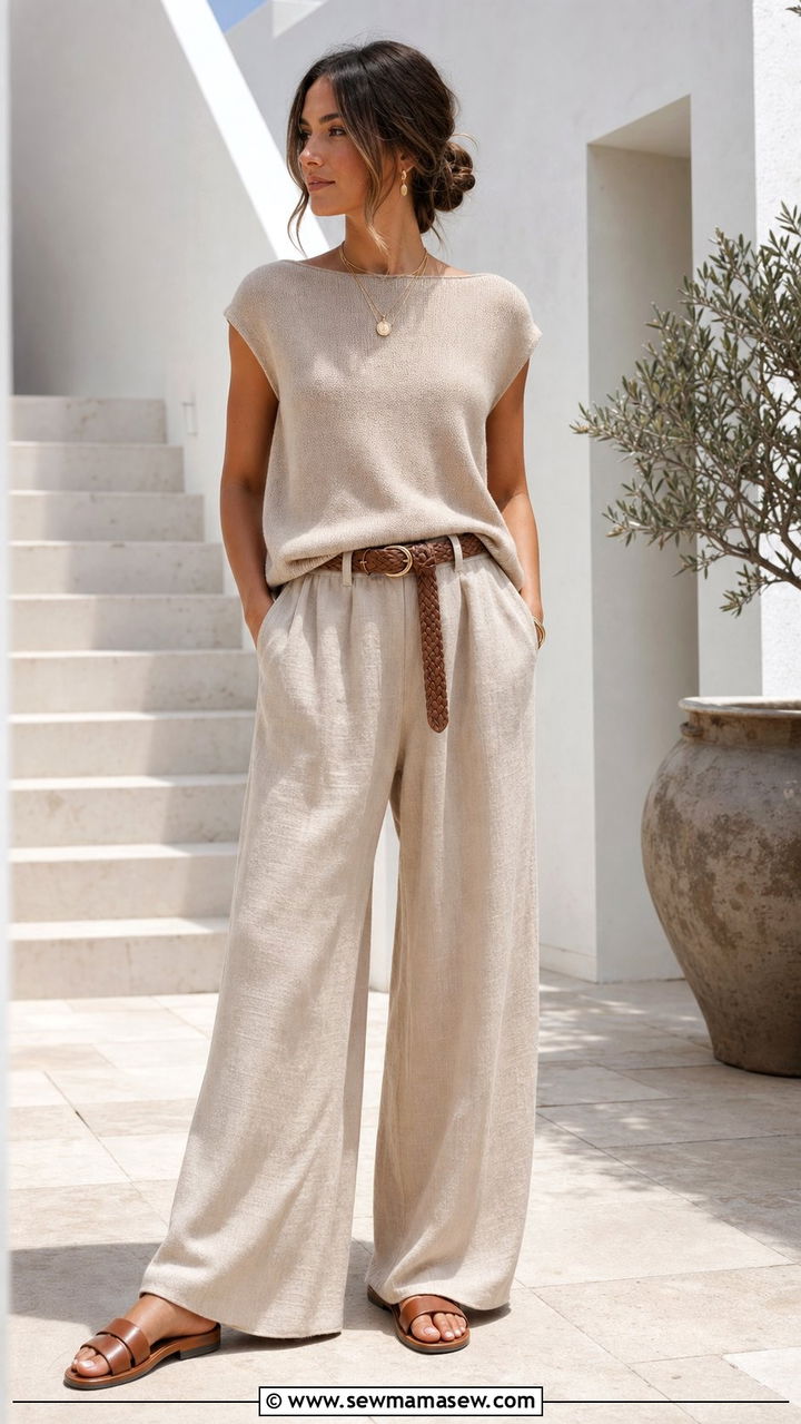Boatneck top with wide leg linen pants - 25 spring boatneck top outfit ideas