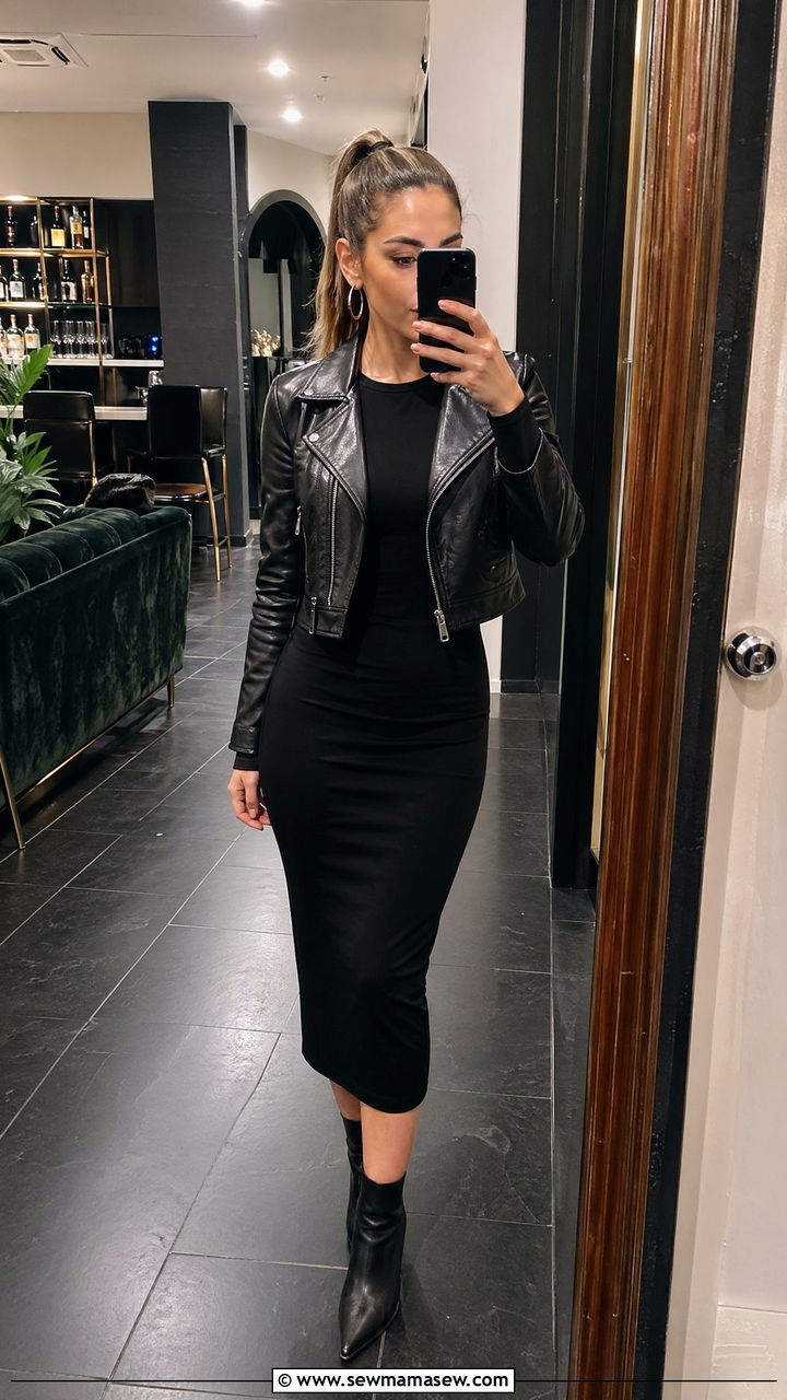 Bodycon Dress Outfit with Leather Jacket - 35 dress outfits for women