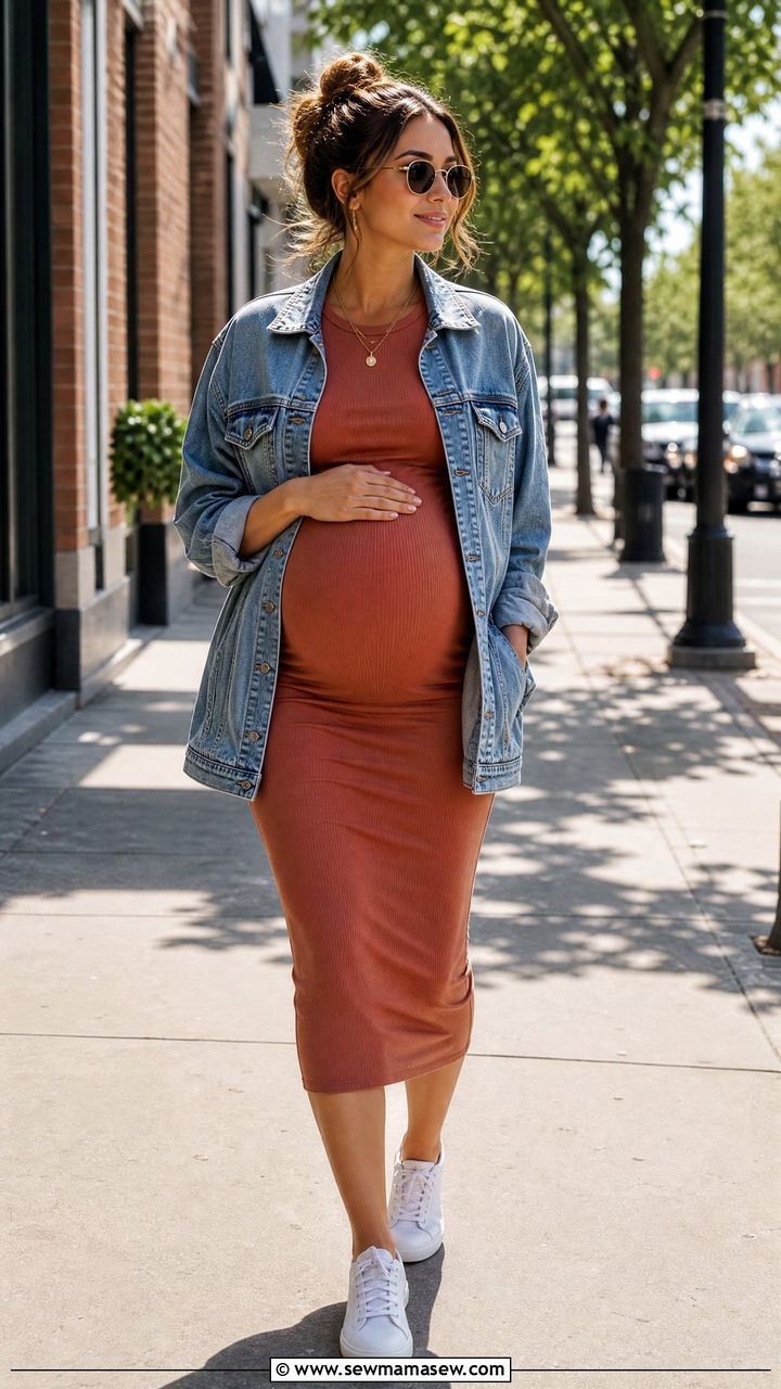 Bodycon Dress and Oversized Jean Jacket - 25 casual outfits for pregnant women