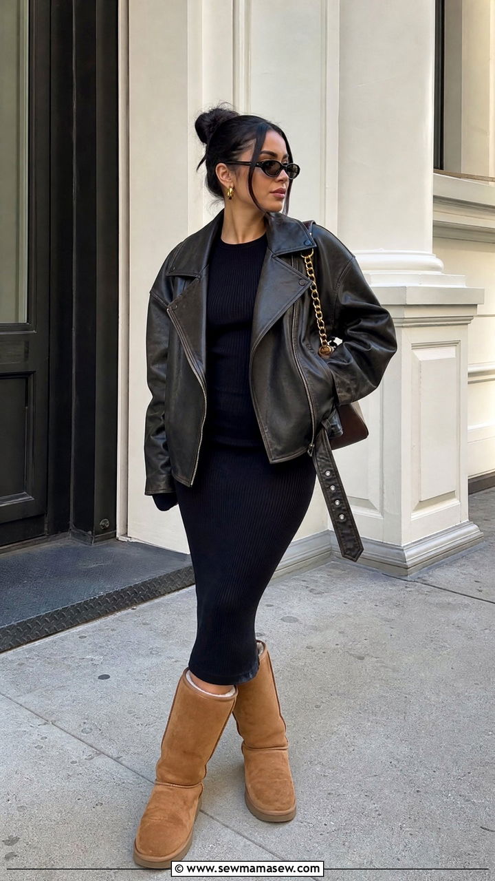 Bodycon Dress with Tall Ugg Boots Outfit - 25 Uggs with dress outfit ideas