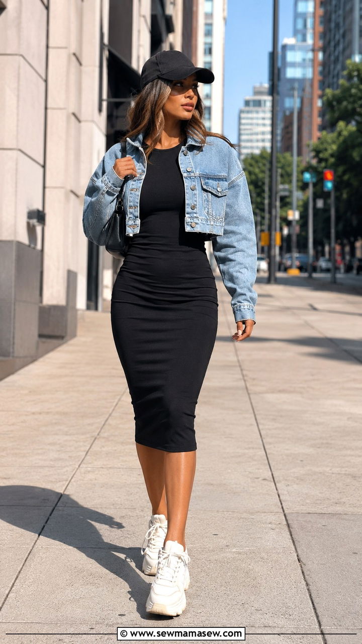 Bodycon Dress with a Baseball Cap and Chunky Sneakers - 30 sporty chic outfits to copy