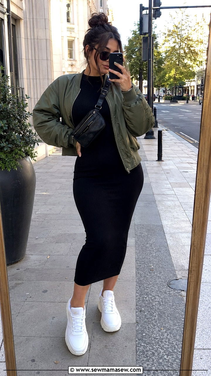 Bodycon Midi Dress With Bomber Jacket and Chunky Sneakers - 30 Midi dress outfit ideas with a jacket