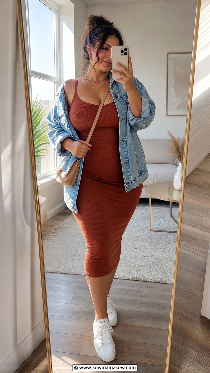 Bodycon Midi Dress With Denim Jacket - 30 curvy outfit ideas for women
