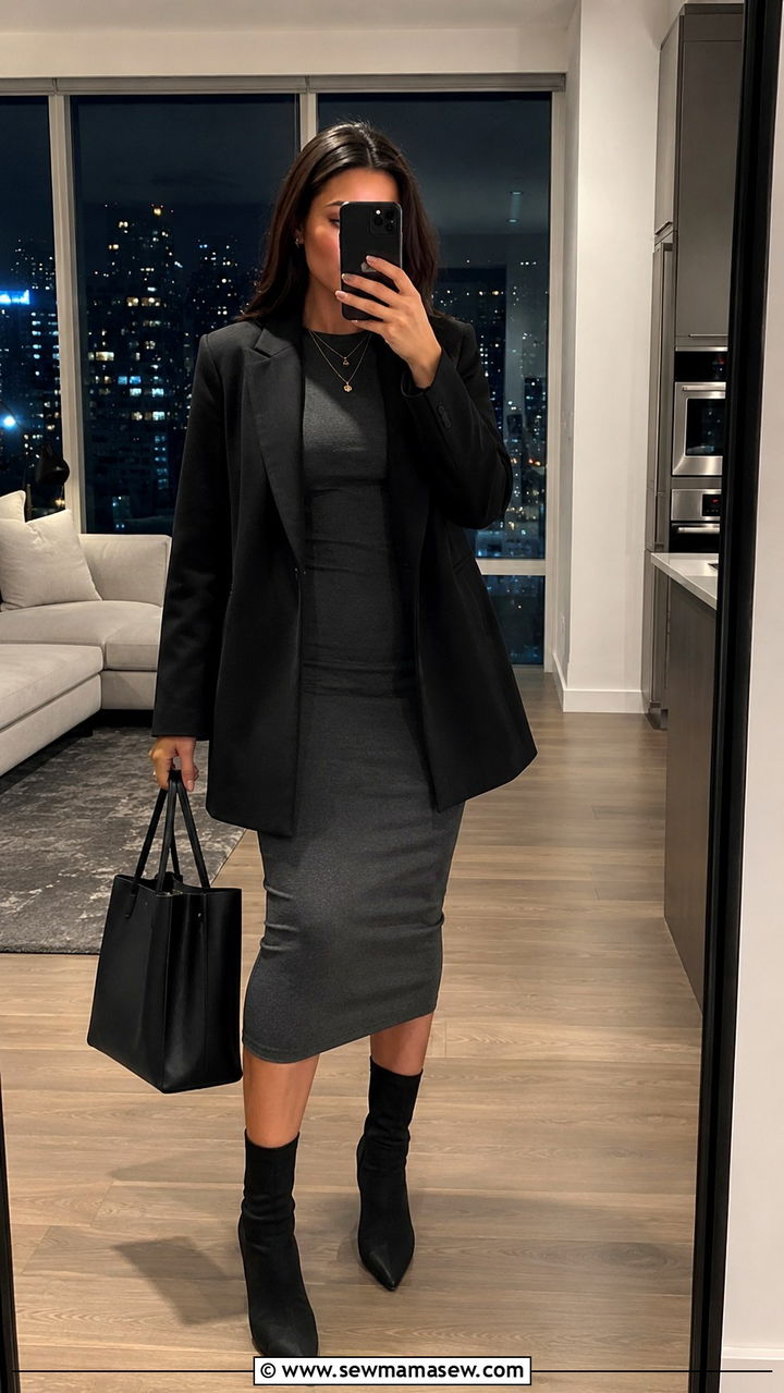 Bodycon Midi Dress With Longline Blazer - 30 Midi dress outfit ideas with a blazer