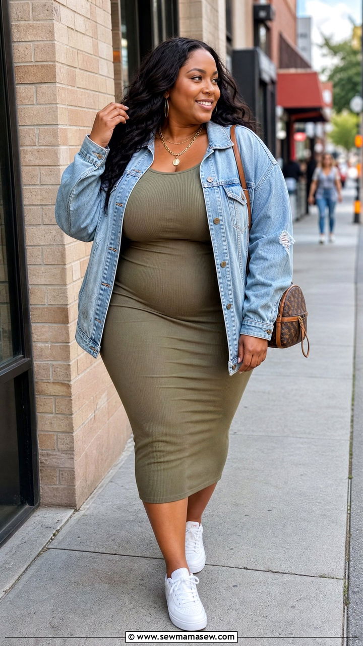 Bodycon Midi Dress with Denim Jacket - 30 Cute outfits for plus size